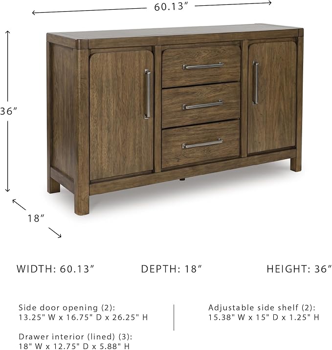 Signature Design by Ashley Cabalynn Farmhouse Glazed 2-Door Dining Server with Adjustable Shelves and 3 Drawers, Light Brown