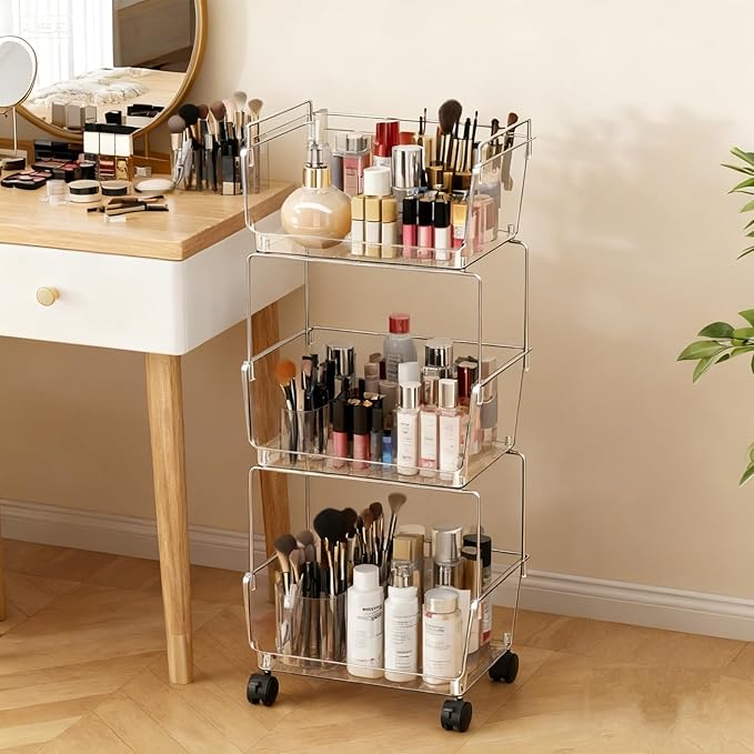 YCIA&DONE 3 Tier Rolling Cart, Storage Shelf Organizer with Lockable Caster Wheels,Transparent Slim Storage Cart for Bathroom, Laundry,Cosmetics