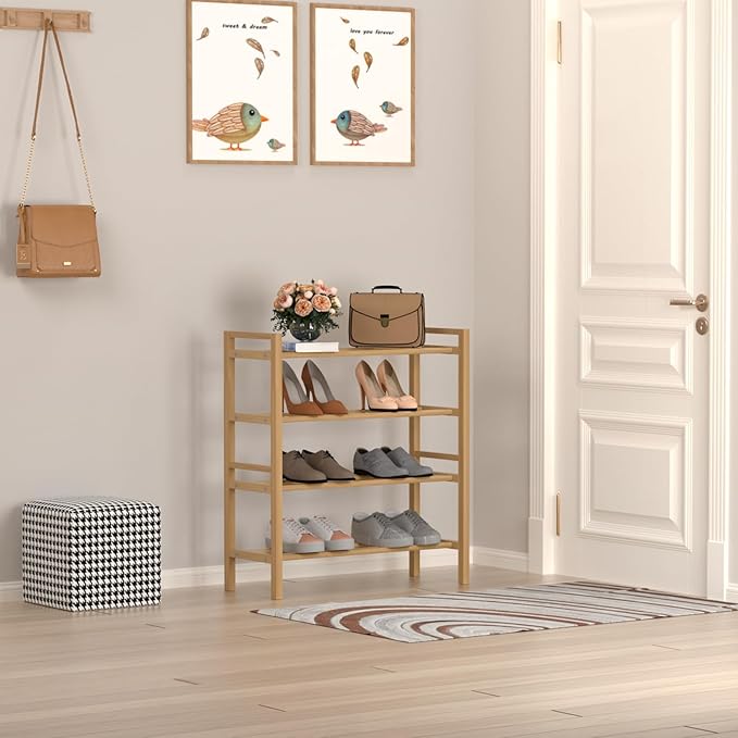 Haddockway Bamboo Shoe Rack for Closet, Free Standing Shoe Organizer with Smooth Round Rods & Convenient Handles, Stackable Shoe Storage Shelf for Entryway, Hallway(Natural, 4-Tier(Small))