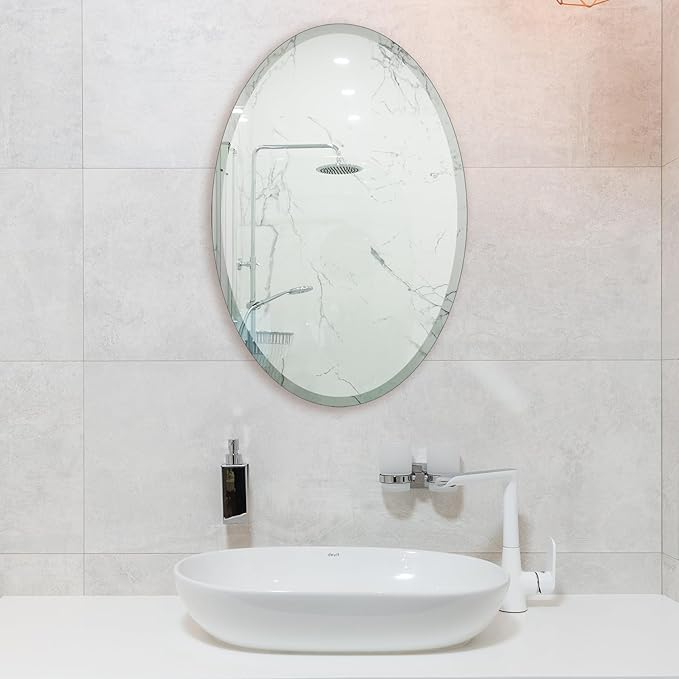 Oval Mirror Frameless Bathroom Mirror for Over Sink, Beveled Polished Wall Mirror for Bathroom, Bedroom, Vanity and Entryway 16" x 24"