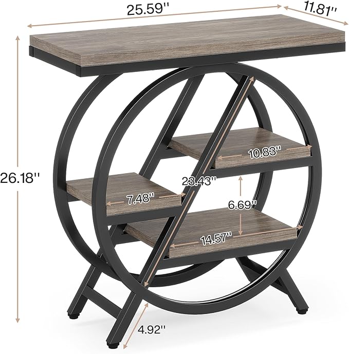 Tribesigns End Table for Living Room, 3-Tier Narrow Side Table with Storage, Wood Sofa Side Table with Geometric Metal Frame, Industrial Nightstand and Bedside Table for Bedroom, Grey