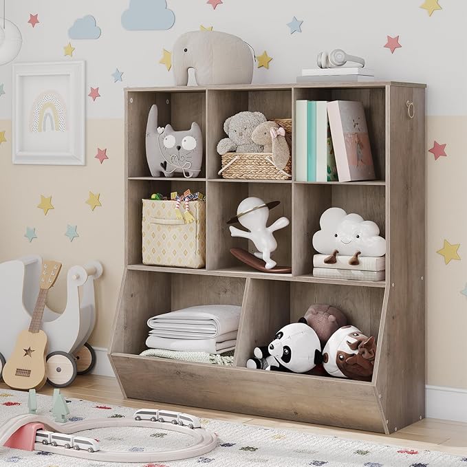 HOOBRO Kids Bookshelf, Toy Storage Cabinet, Kids Toy Organizer, 8 Cubicles, Bookcase Footboard, Bookshelf for Kids, for Playroom, Bedroom, Nursery, School, Greige BG35CW01G1