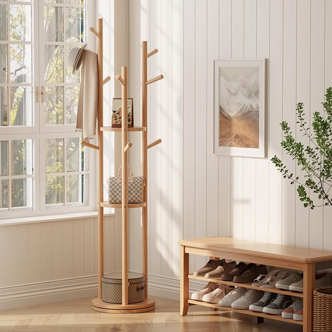 Solid Wood Rotary Coat Rack, Freestanding Coat Rack with 3 Shelves and 9 Hooks, Coat tree for Bedroom, Entryway, Livingroom, Coat Hanger Stand for Coats, Scarves, Handbags (Natural)
