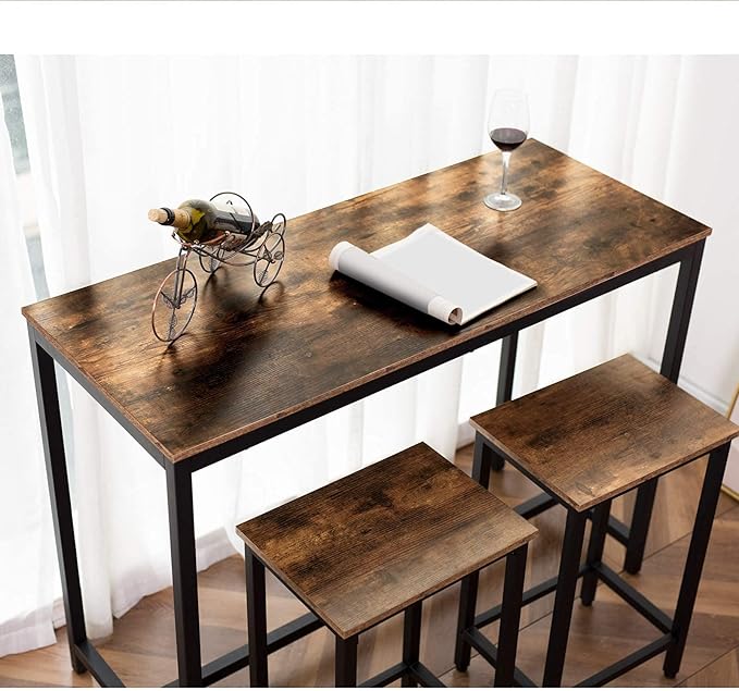 HOOBRO Bar Table and Chairs Set, 47.2” Rectangular Pub Table with 2 Stools for Small Space, High Top Table, 3-Piece Breakfast stools Set, Sturdy Metal Frame, Easy to Assemble, Rustic Brown BF52BT01