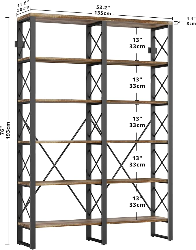 IRONCK Bookshelves Double Wide 6-Tier 76" H, Open Large Bookcase, Industrial Style Shelves for Home Office, Easy Assembly