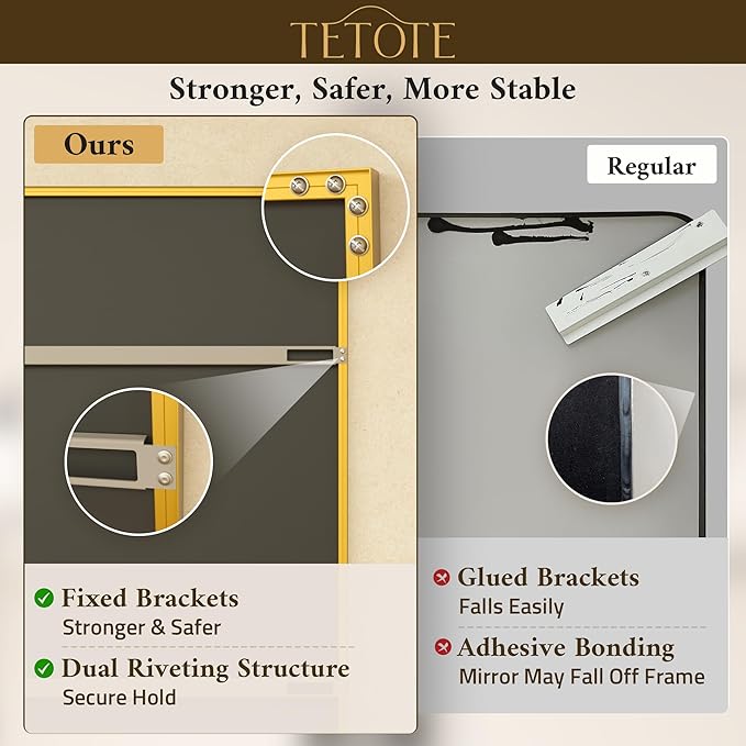 TETOTE Brushed Gold Mirror Beveled Frame 60" x 36" Large Brass Gold Rectangle Bathroom Vanity Wall Mirror for Over Sink, Modern Farmhouse, Tempered Glass, Shatterproof, Stronger Frame