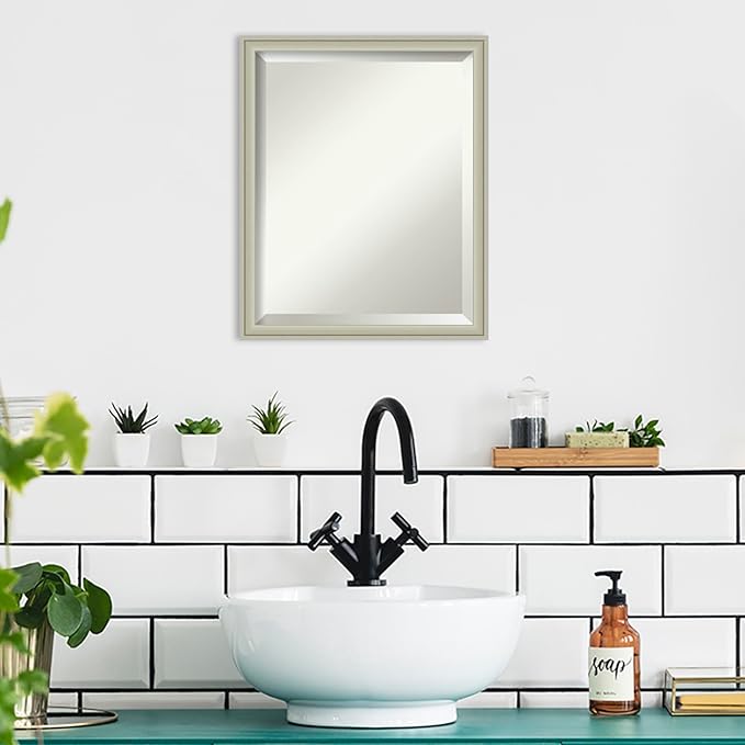 Amanti Art Silver Bathroom Mirror for Over Sink, 22x18 Florence Silver Rectangle Vanity Mirror, Small Casual Frame, Hangs Horizonally and Vertically, Bathroom Wall Decor, Beveled Edge from WI, USA