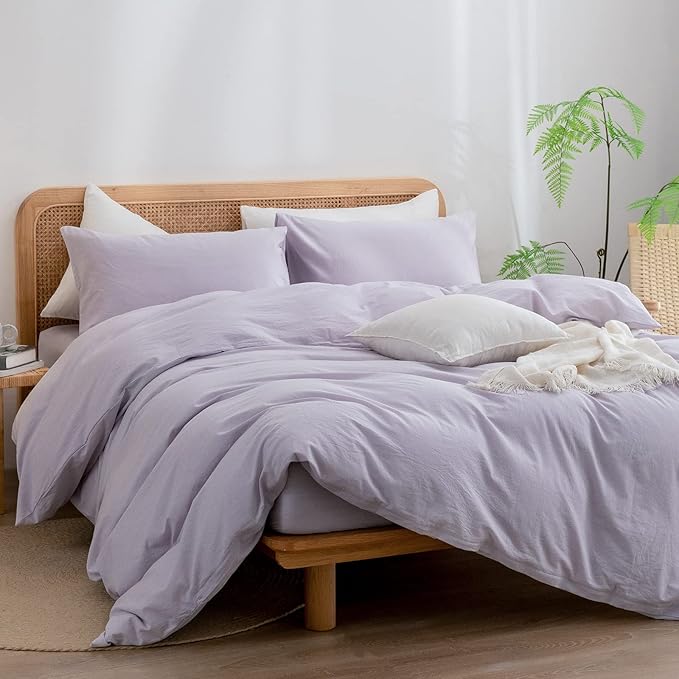 BESTOUCH Duvet Cover Set 100% Washed Cotton Linen Feel Super Soft Comfortable Chic Lightweight 3 PCs Home Bedding Set Solid Taro Purple Super Queen