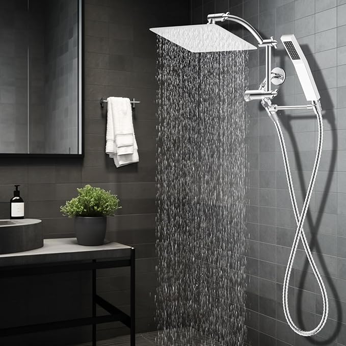 Hibbent All Metal 12'' Rainfall Shower Head, Dual Shower Head Combo, High Pressure Handheld Shower Wand, 16'' Adjustable Arc-shaped Shower Extension Arm, 71'' Hose, Showerhead Holder, Chrome