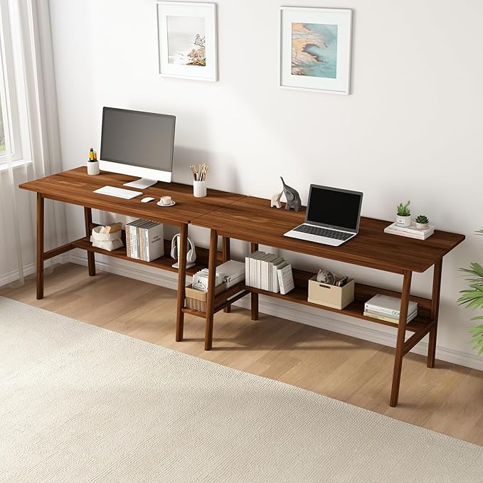 2-Person Writing Desk with Bookshelf - 110" Wooden Extra Long Home Office Work Table, Double Study Computer Workstation with Storage Shelves in Walnut, 110" W x 24" D