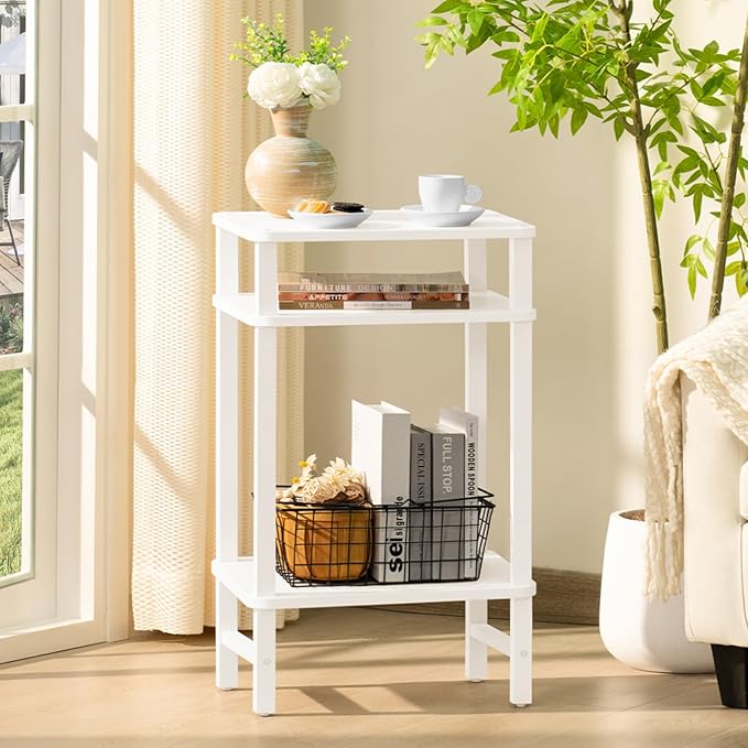 28in Tall Side Table Set of 2, 3-Tier Small Narrow End Table for Couch, Skinny Nightstand for Small Space, Farmhouse Slim Night Stand with Storage, Wooden Frame Thin Bedside Table, White