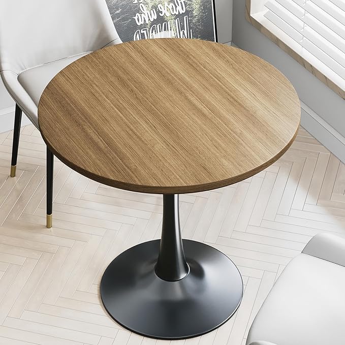 24 inch Small Tulip Table for 2 Person, Walnut Round Dining Table for Kitchen, Leisure Wood Mid Century Modern Table with Metal Pedestal Base for Cafe, Living Room, Bar, Circle Bistro Tables
