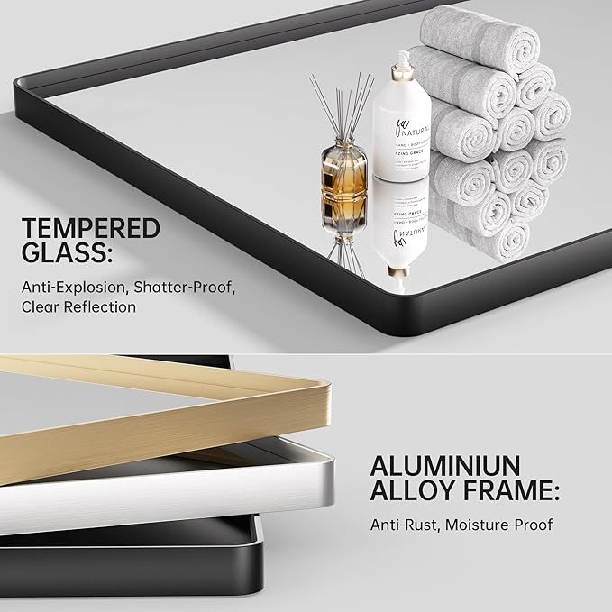 Hasipu Black Bathroom Mirror for Wall, 51 x 30 Inch Metal Framed Bathroom Mirrors for Over Sink, Rectangle Bathroom Vanity Mirror, Anti-Rust, Tempered Glass, Horizontal or Vertical