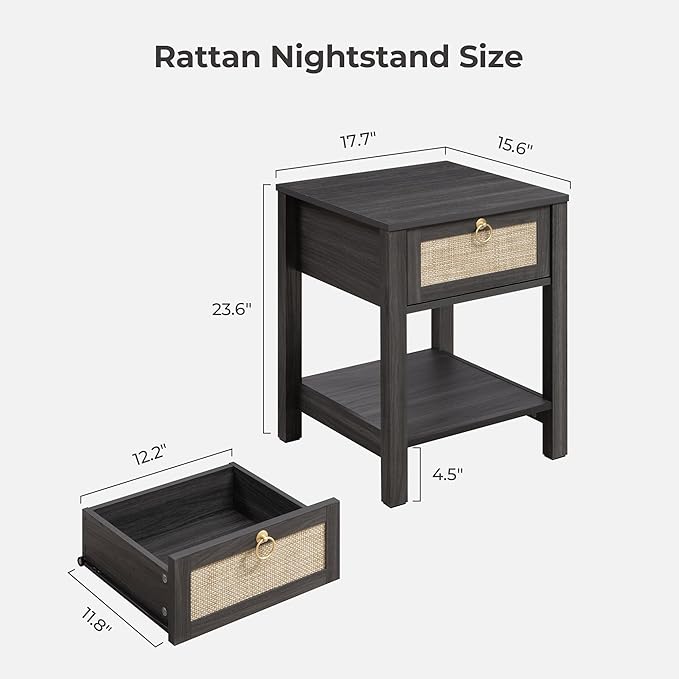 SICOTAS Rattan Nightstand Set of 2, Rattan Decor Drawer with Brass Knobs Night Stand Bedside Table Boho End Tables Side Tables with Storage Shelf for Bedroom,Small Space