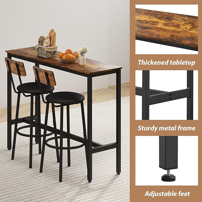 Dining Table Set for 2, 3-Piece Bar Table and Chairs Set, Kitchen Table and Chairs, High Top Table with 2 PU Upholstered Stools, Space-Saving Pub Table Sets for Small Space, Brown