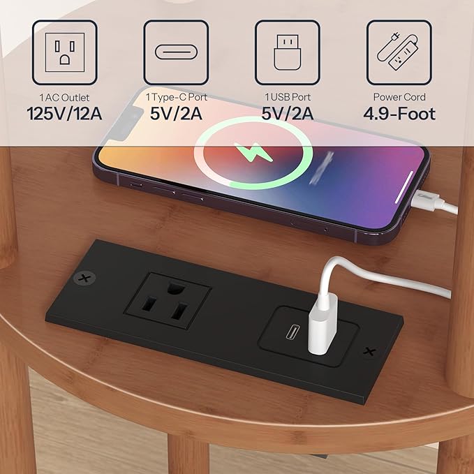 HOOBRO Set of 2 Small Round Side Tables with Charging Station, 3-Tier Round Bamboo End Tables, Easy Assembly, for Living Room, Bedroom, Apartment, Walnut WL152UBZP201