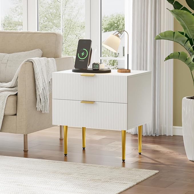 White Nightstand for Bedroom, Fluted Night Stand, End Table for Living Room, Mid Century Modern Bedside Table with Drawers, Bed Side Table with Gold Metal Legs, Bedroom Furniture Stripe