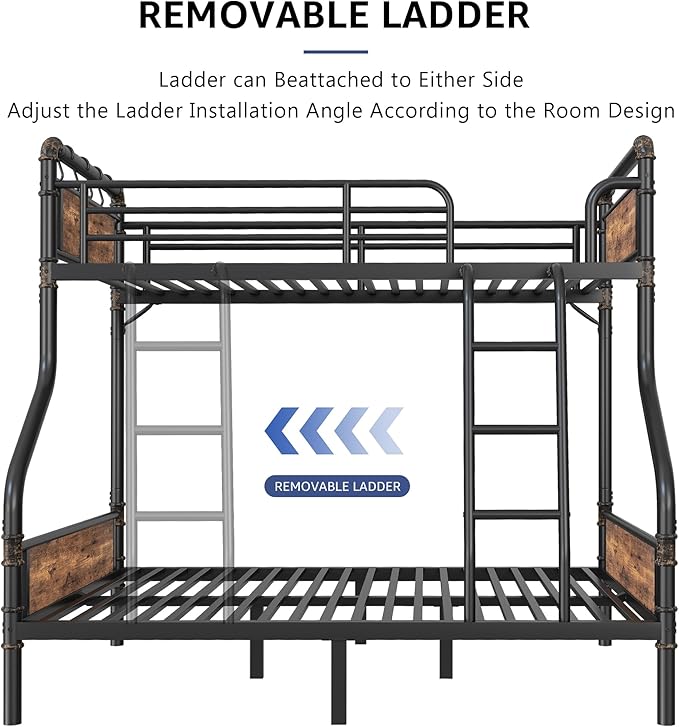 Metal Bunk Bed Twin Over Full, Industrial Bunkbeds Heavy Duty Bed with Safety Guard Rails and Space-Saving Design, Steel Bed for School, Bedroom (Vintage Brown)