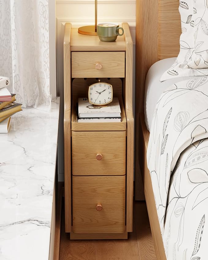 Narrow Nightstand with 3 Drawers,Solid Wood Small Nightstand Natural, Modern Small Bedside Tables for Bedroom(Fully Assembly)