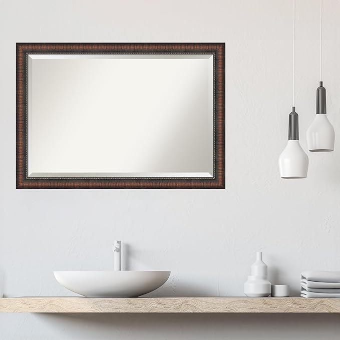 Amanti Art Brown Wall Mirror 28x40 Caleb Brown Rectangle Bathroom Mirror for Wall Decor Living Room, Large Rustic Farmhouse Frame, Hangs Horizonally and Vertically, Bathroom Decor, Beveled Edge