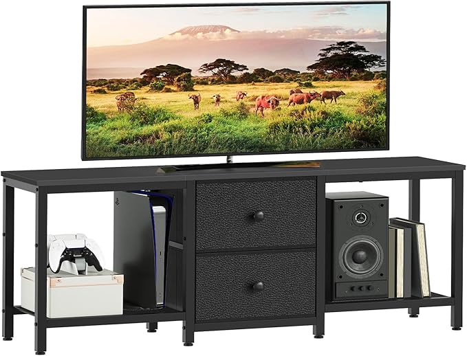 TV Stand for TVs up to 55", Entertainment Center with 2 Fabric Drawer, Media Console with Shelves, Television Stands for Living Room, Bedroom, Black DS02BB