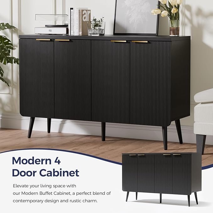 47.2" Buffet Cabinet with 4 Doors, Accent Sideboard Cabinet with Adjustable Shelf, Dining Room Sideboard with Waveform Panel, Credenzas for Living Room, Hallway, Black