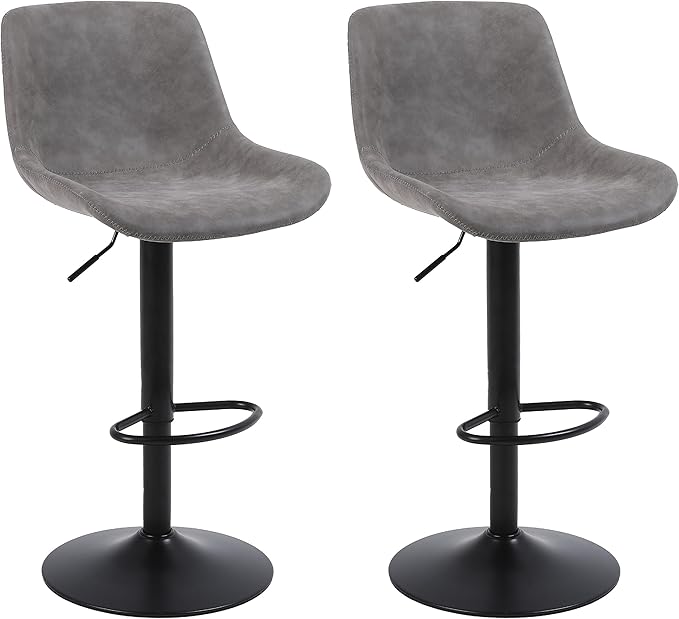 Bar Stools, Swivel Counter Height Barstools with Back, Adjustable Modern Bar Chairs, Tall Armless PU Leather Kitchen Island Stool (Grey, Set of 2)