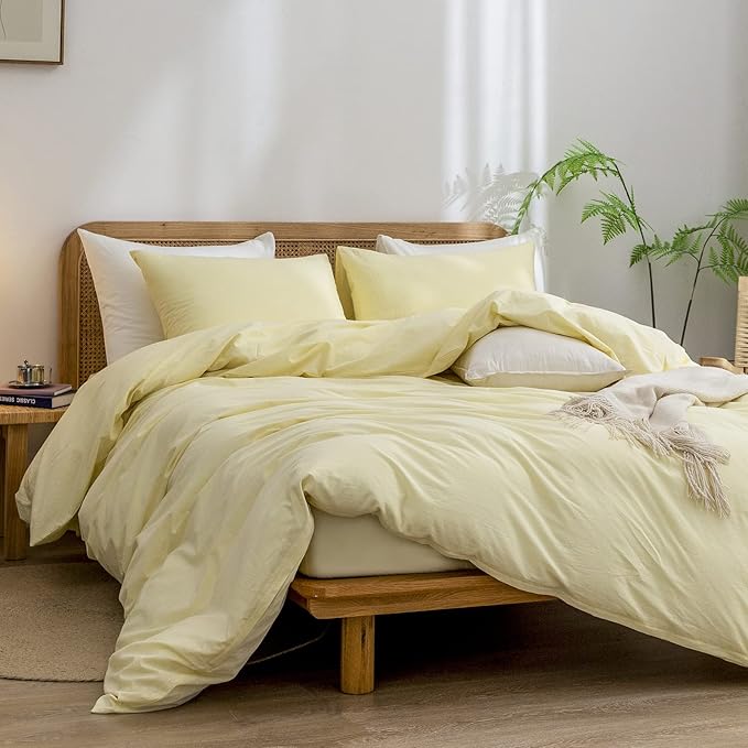 BESTOUCH Duvet Cover Set 100% Washed Cotton Linen Feel Super Soft Comfortable Chic Lightweight 3 PCs Home Bedding Set Solid Light Yellow King