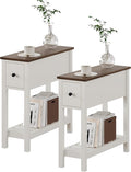ChooChoo Narrow End Table, Small Side Table for Small Spaces, Slim End Table with Drawer, Narrow Nightstand Bedside Table for Living Room Bedroom, White, 2 Pack