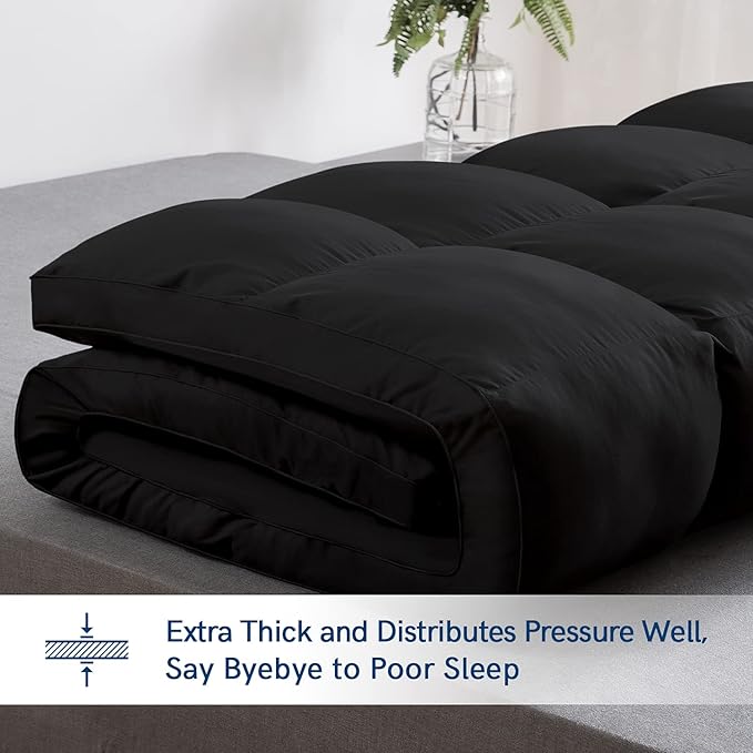 ELEMUSE Queen Black Mattress Topper for Back Pain, Extra Thick Mattress Pad Cover, Plush Soft Pillowtop with Elastic Deep Pocket, Overfilled Down Alternative Filling