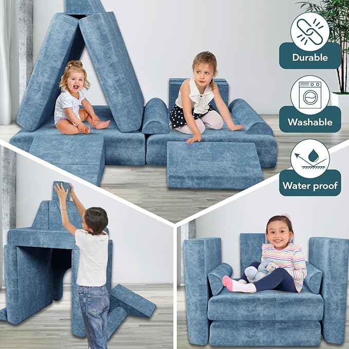 Modular Kids Play Couch & Sofa with Doodle Board & Stickers, High-Density 27D Foam Set, Convertible Folding Child Couch with Washable Covers, Durable Kids Furniture for Playroom - Dark Grey