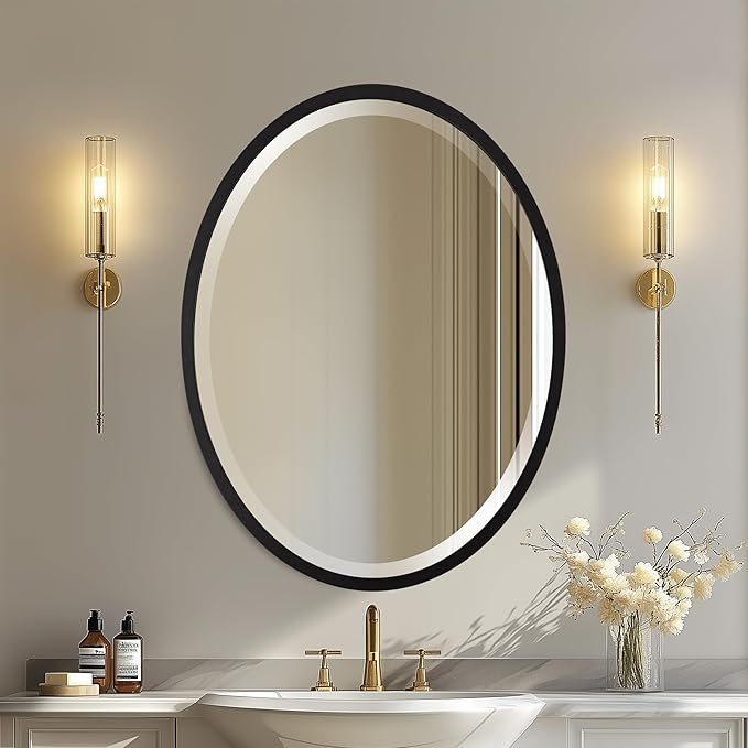OVALCREST - Oval Wooden Beveled Wall Mirror for Home Decor, Bathroom, Vanity, Bedroom, Living Room, Hallway - London Style (Matte Black) 21.1 x 31.1