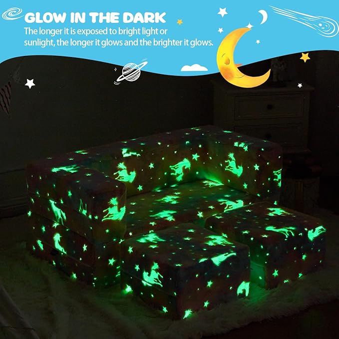Modular Kids Couch, Glow in The Dark Sofa 3 in 1 Fold Out Kids Sofa with Washable and Durable Covers for Boys, Rainbow Unicorn