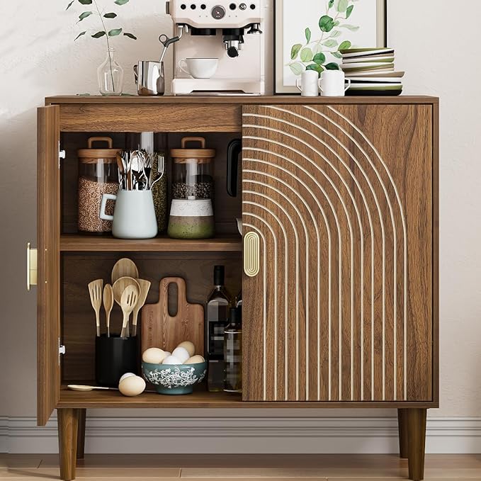 Sideboard Buffet Cabinet with Storage,Walnut Sideboard Buffet with Doors and Adjustable Shelf,Wooden Storage Cabinet, 31.3”W x 15.0”D x 30.6”H