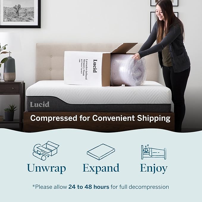 Lucid 4 Inch Lavender Infused Memory Foam Mattress Topper - Ventilated Design – Pressure Relieving Bed Topper - Mattress Pad – CertiPur Certified - Twin Size