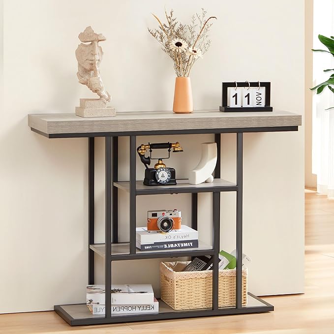 HABUTWAY 42" Industrial Console Table, Narrow 4-Tier Wood Entryway Table for Living Room, Accent Tables Living Room, Hallway Table, Sofa Table for Front Door, Hallway, Foyer, Rustic Grey