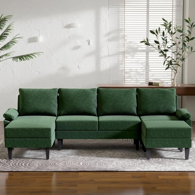 110 Inch U Shaped Sectional Couch with Storage Space, 6-Seat Sofa with Moveable Ottoman, Modern Modular Sofa for Living Room, Apartment, Green