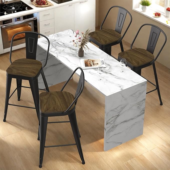 Metal Bar Stools Set of 4, High Back Bar Stools with Wooden Seat, 24 inch Black Barstools for Kitchen Island