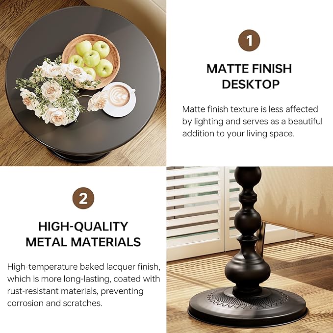 XIV Metal Small Round Side End Table, Vintage Matte Coffee Drink Cocktail Table, Accent Pedestal Table for Living Room Corners and Small Spaces, 21'' Height (Black)