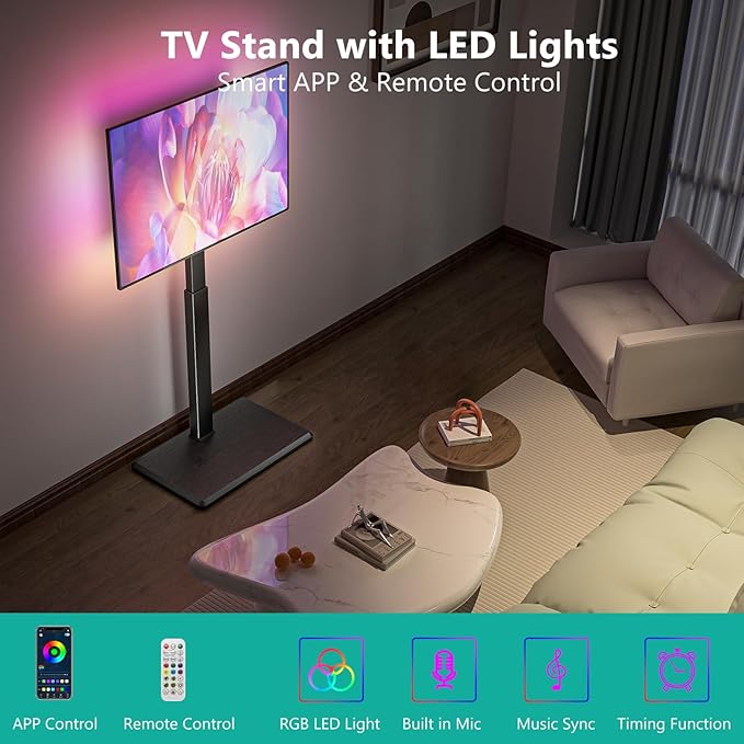 WALI Floor TV Stand with LED Lights, Tall TV Stand Mount for 32-75 inch TV up to 110 lbs, Swivel and Height Adjustable TV Stands with Wood Base for Bedroom, Office(TVDVD-7L), Black
