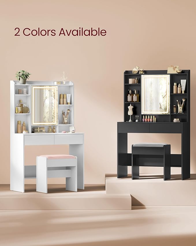 VASAGLE Vanity Desk with Mirror and Lights, Makeup Vanity with Upholstered Vanity Stool, Dimmable LED Lights, Adjustable Shelves, 7 Compartments, 2 Drawers, for Bedroom, Cloud White URDT131W01