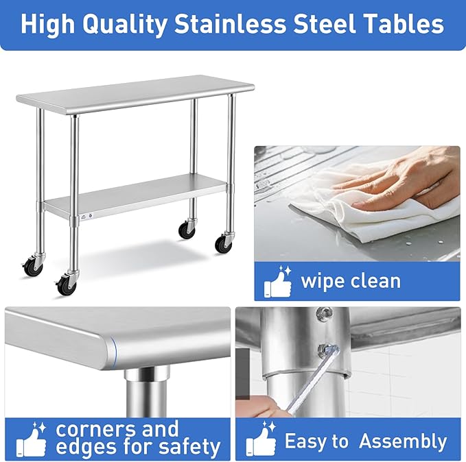 ROCKPOINT Stainless Steel Table for Prep & Work with Caster Wheels 18x72 Inches, NSF Metal Commercial Kitchen Heavy Duty Table with Adjustable Under Shelf and Table Foot for Restaurant, Home and Hotel