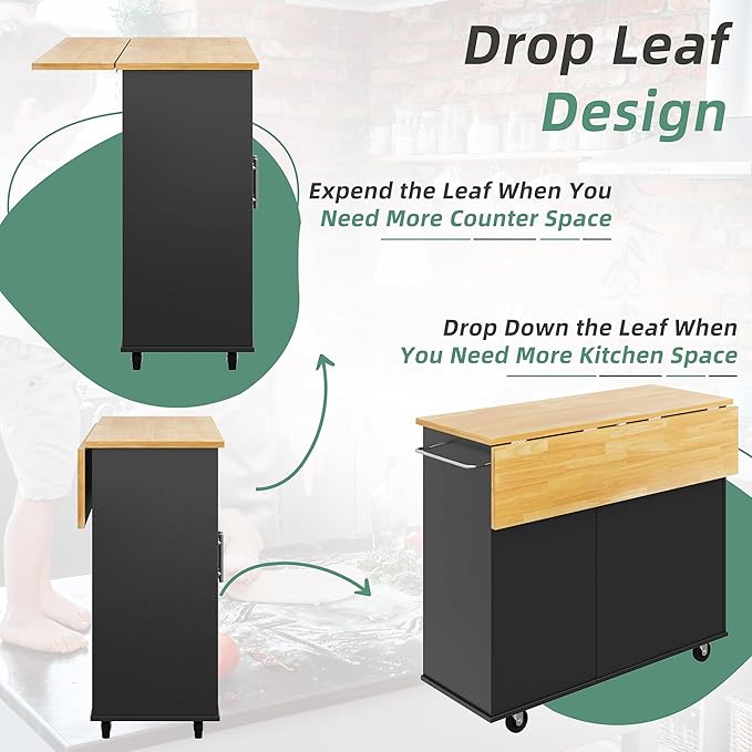 Shintenchi Rolling Kitchen Island Cart with Folding Drop Leaf Breakfast Bar, Portable Trolley Island with Large Storage Cabinet, Shelf and Drawer, Black