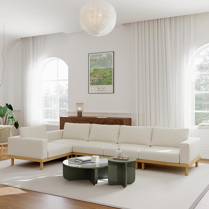 Acanva Minimalist Modular Sectional Sofa for Living Room, Wide & Deep Seat Convertible Furniture Set with Metal Frame and Movable Covers, 5 Piece, Off White