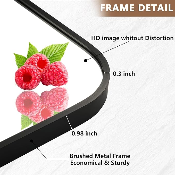 Matte Black Mirror, 48"x30" Rectangle Bathroom Mirror, Metal Frame Rectangle Corner Vanity Mirror, Wall Mounted Mirror for Modern, Living Room, Bedroom, Horizontal Or Vertical