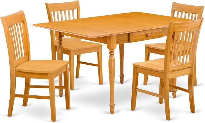 East West Furniture MZNO5-OAK-W 5 Piece Dining Room Table Set Includes a Rectangle Dining Table with Dropleaf and 4 Wood Seat Chairs, 36x54 Inch, Oak