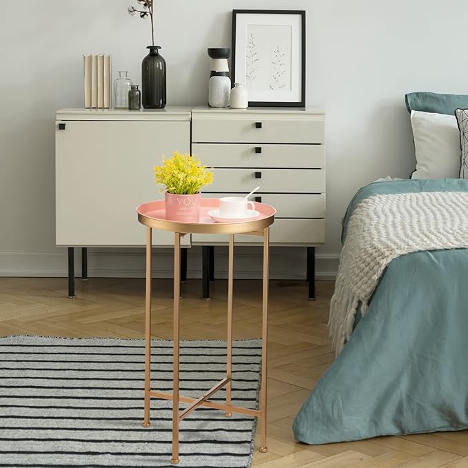 HollyHOME Small Round Metal End Table, Accent Indoor&Outdoor Coffee Side Table, Snack Sofa Table for Living Room, Anti-Rust Decorative Plant Stand, (D) 14.5" x(H) 25", Gold&Pink