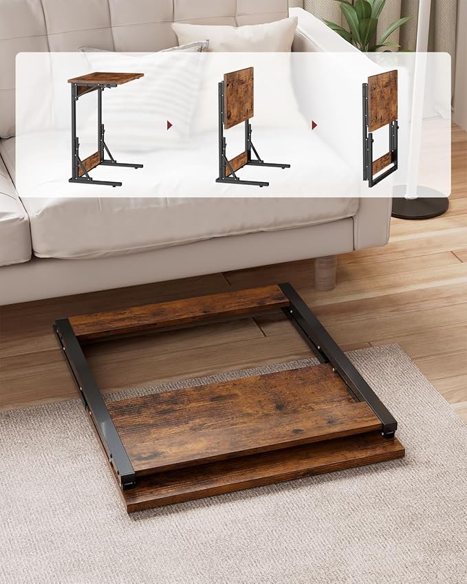 Tatub Folding TV Tray Table, 24" Wide C-Shaped End Table for Couches, Small Sofa-Side Laptop Desk with Metal Frame for Living Room, Bedroom, Rustic Brown