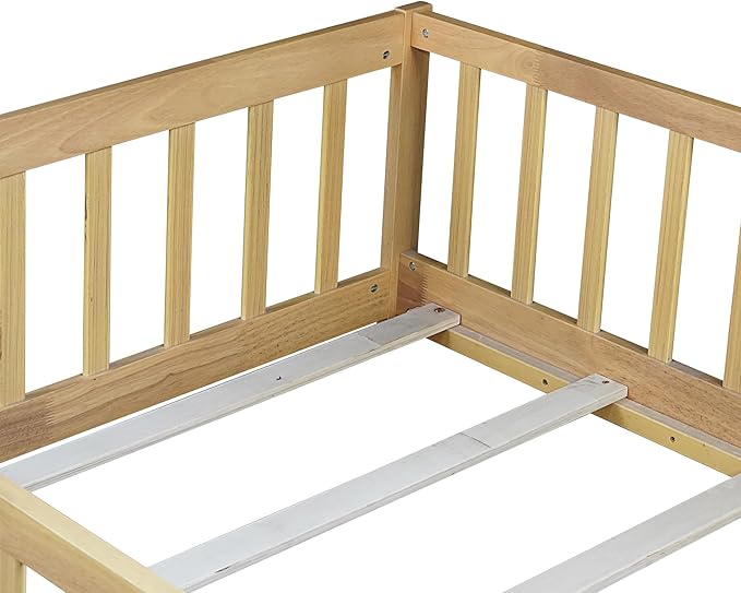 Bellemave Twin Floor Bed with Slats and Safety Guardrails, Kids Montessori Floor Beds with Fence and Without Door, Easy Assemble Floor Bed for Kids, Girls, Boys, Natural