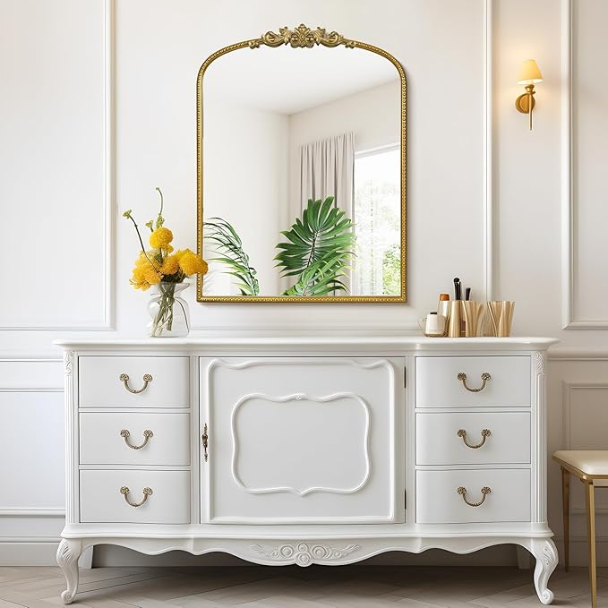 WallBeyond Gold Vintage Mirror - 24x32 Inch, Arched Antique Mirror with Ornate Frame for Bathroom, Living Room, Fireplace, Entryway
